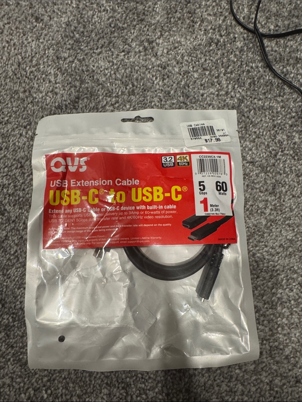 Victoria's Secret USB-C to USB-C Extension Cable - Black, 1 Meter 5 gbps 60watts